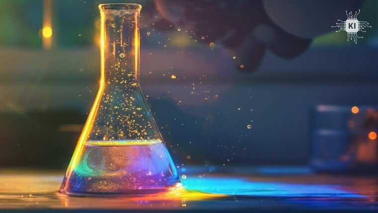 Chemischer Glaskolben mit einer transparenten Flüssigkeit und Lichteffekten